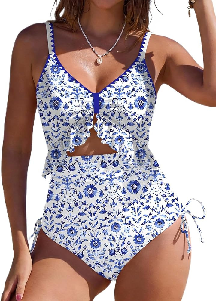 SHESHOW Womens Tummy Control One Piece Swimsuit High Waisted Cutout Ruffle Bathing Suit Color Blo... | Amazon (US)