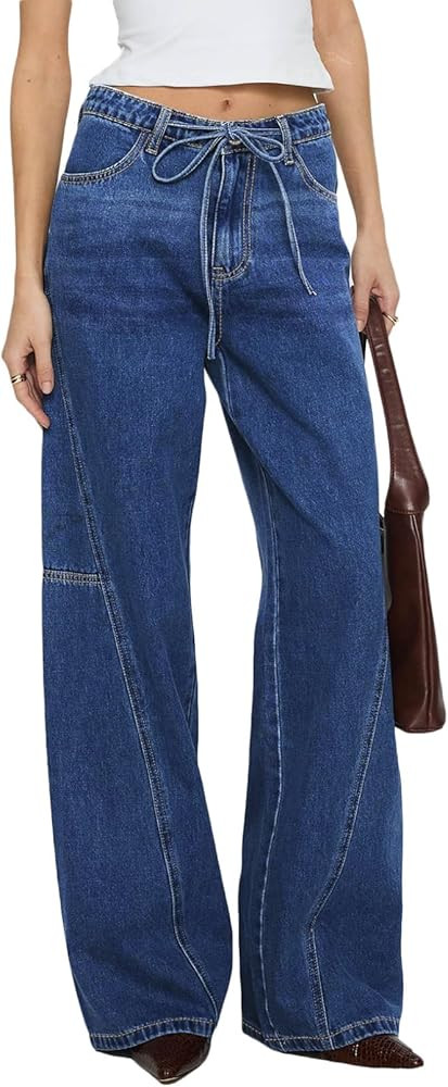 Sidefeel Women's Wide Leg Jeans Mid Waisted Stretchy Drawstring Button Down Denim Pants | Amazon (US)