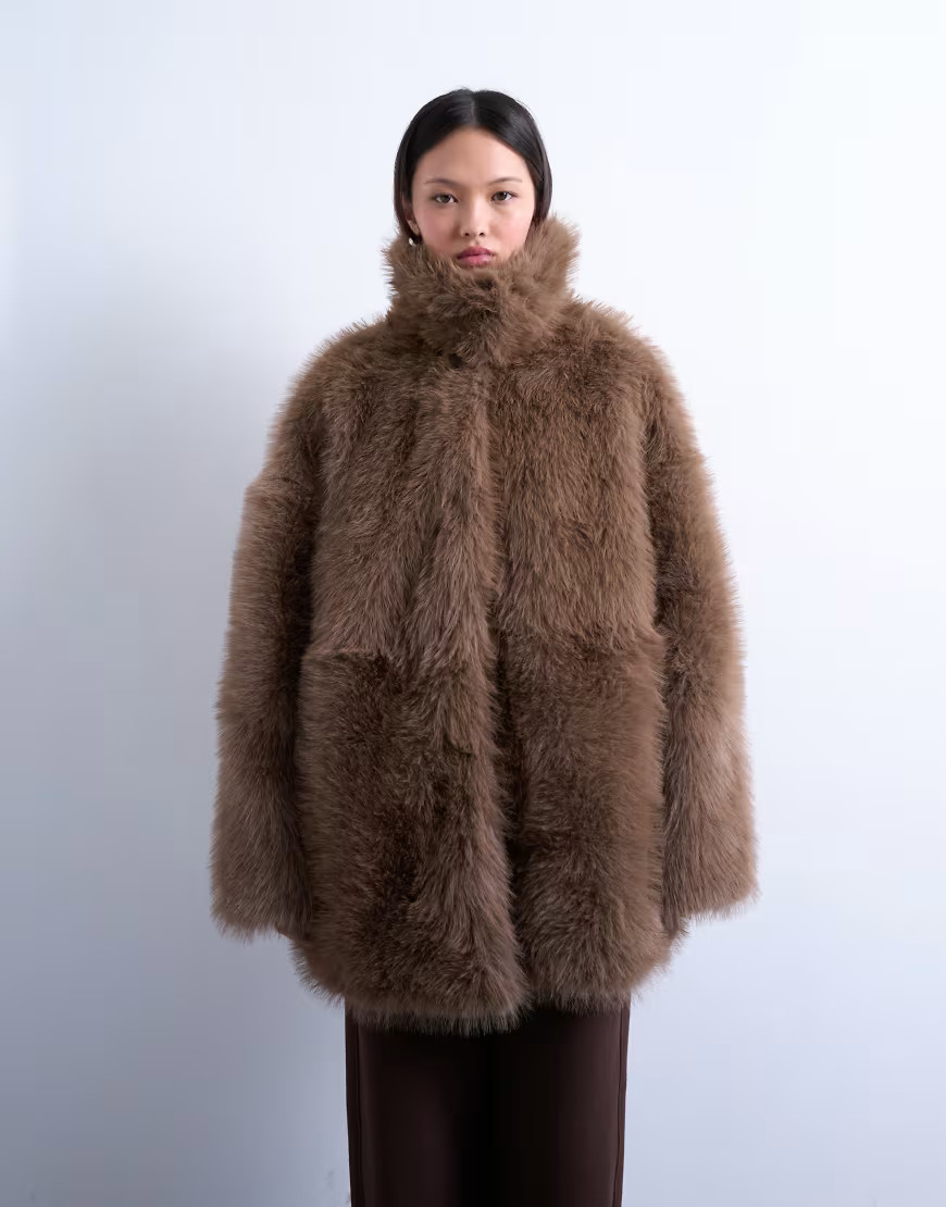 Topshop faux fur funnel neck mid length coat in mink-Brown | Topshop