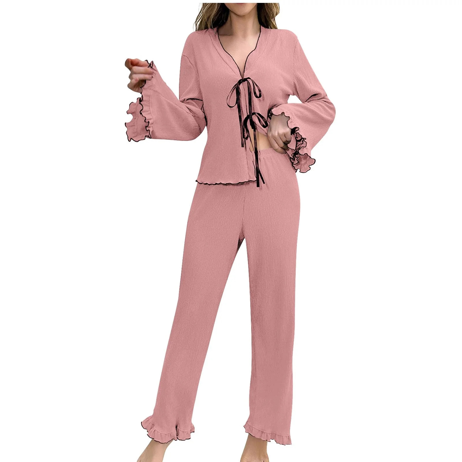 Tnhcen Women's Soft Long Sleeve Pajama Set V-Neck with Flared Cuff & Hem Detail Stretchy Fit Cozy Nightwear for Women Casual Loungewear Sleepwear Set XS-XL | Walmart (US)