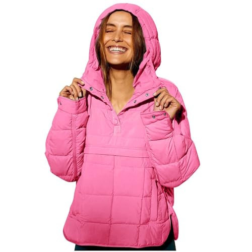 Womens Quilted Jacket Packable Puffer Jackets Button Down Pullover Outwear People Free Doop Warm Hooded Coats Ladies Clothes(Pink, S) | Amazon (US)