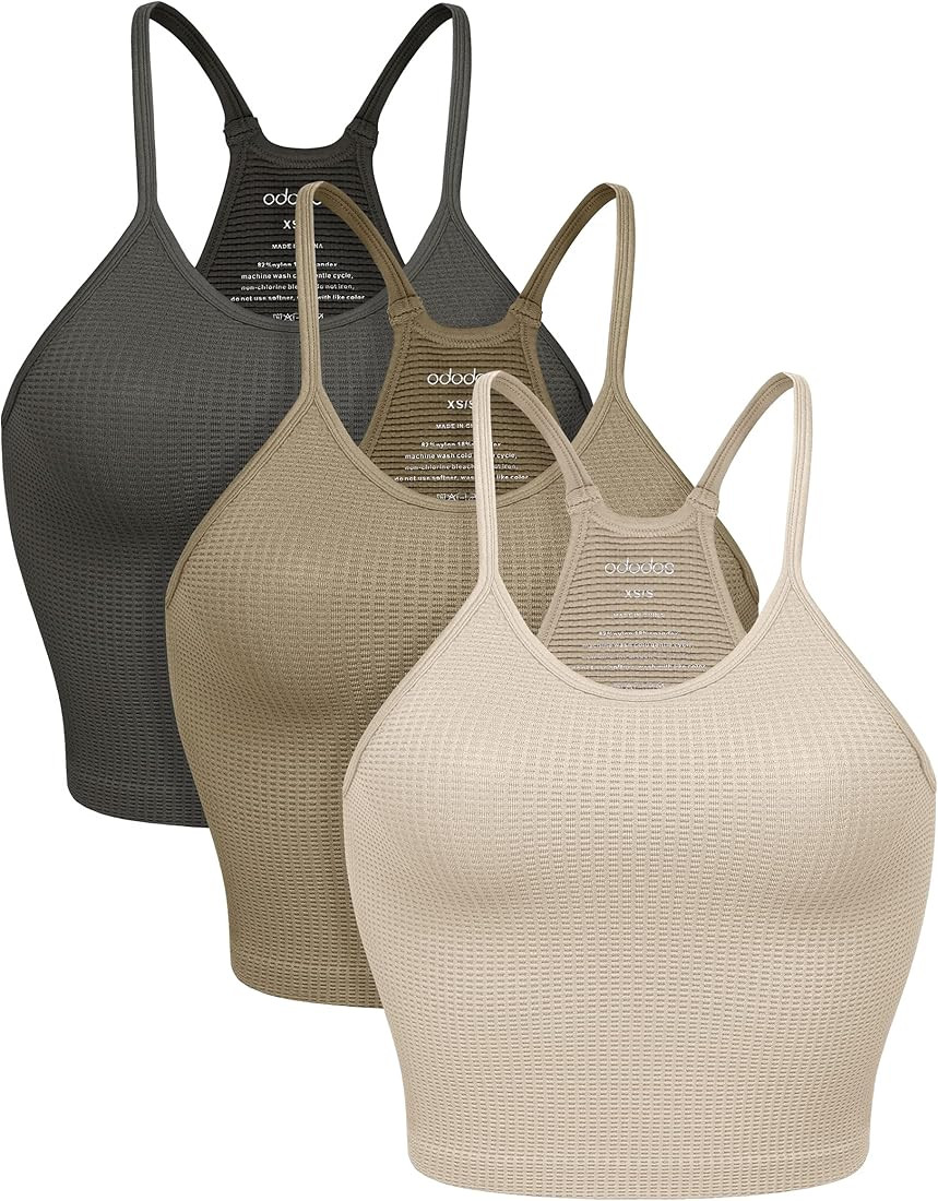 ODODOS Women's Crop 3-Pack Waffle Knit Seamless Camisole Crop Tank Tops | Amazon (US)