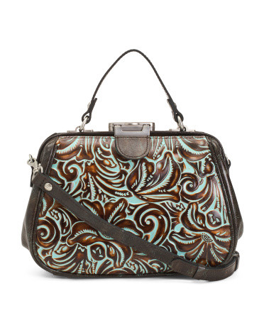 Leather Gracchi Framed Tooled Satchel With Shoulder Strap | TJ Maxx