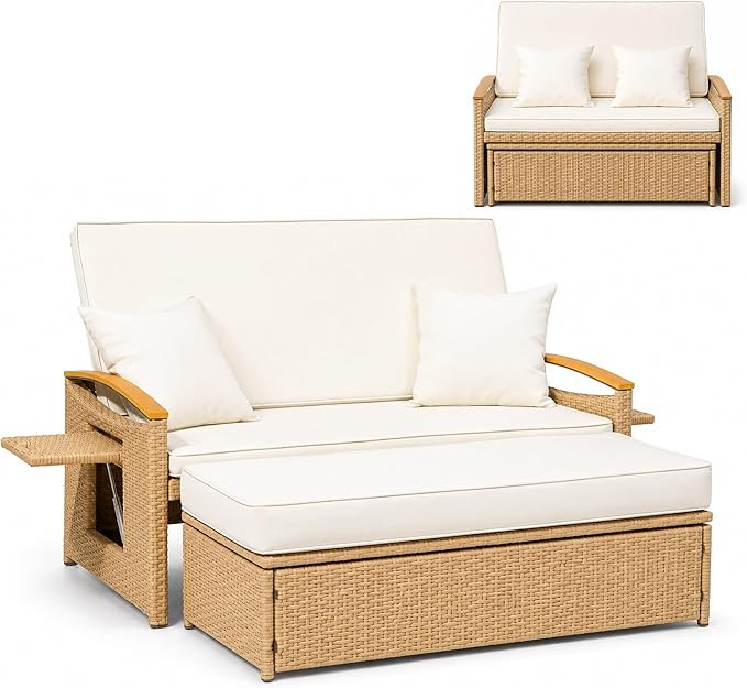 Boho Outdoor Daybed, Natural Rattan Patio Loveseat with Storage Ottoman & All-Weather Plastic Woo... | Amazon (US)