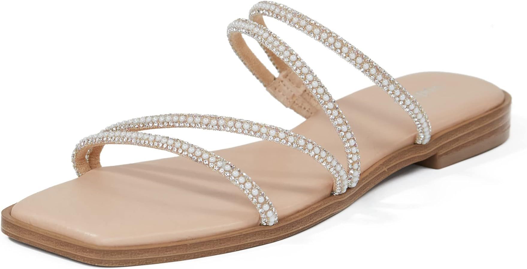 vodvob Women's Rhinestone Flat Sandals Slip on Memory Foam Sandals Open Toe Slide Sandals | Amazon (US)