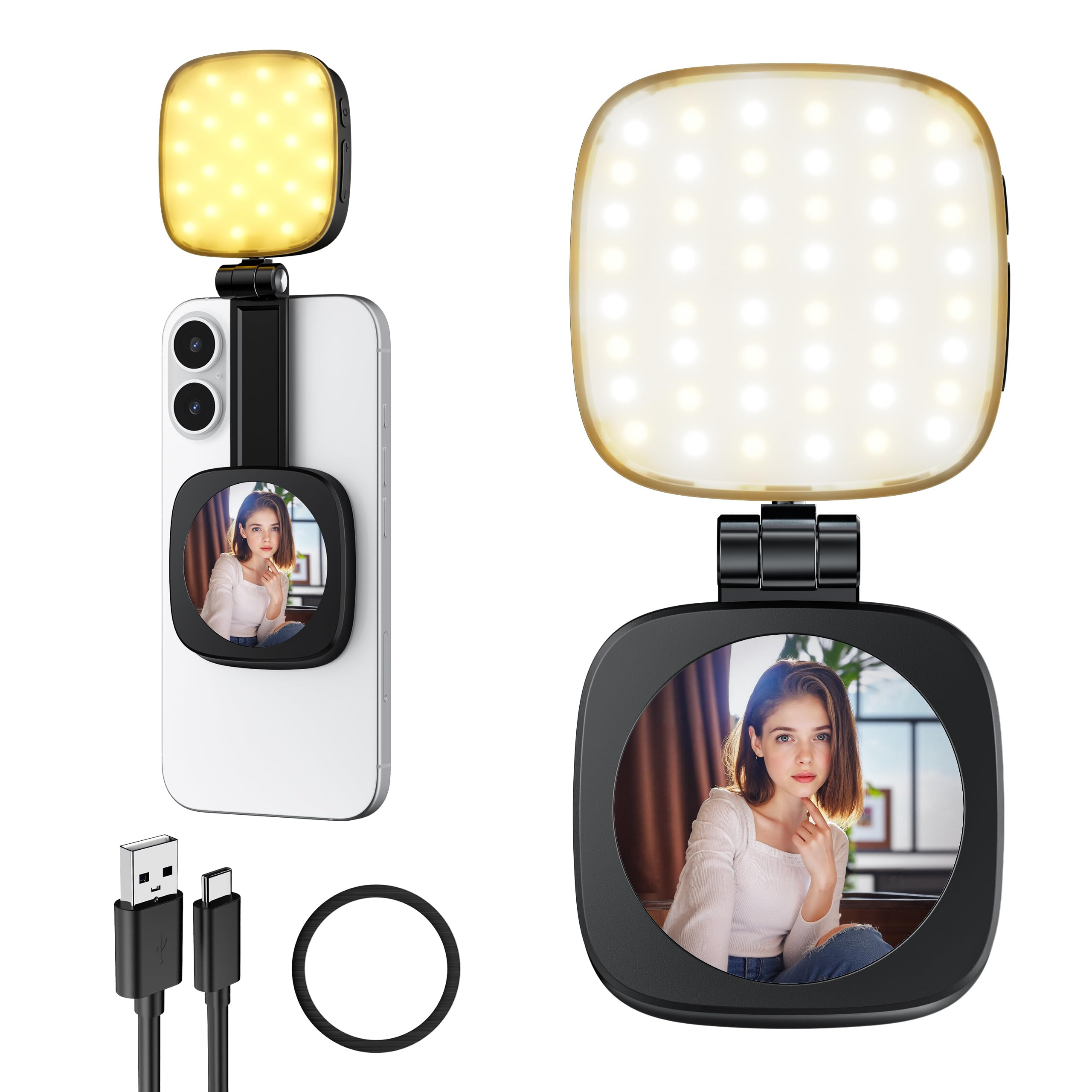 Magnetic Selfie Light for Phone: 5 Led Mode with Mirror Compatible for iPhone & Android - Rechargeable Portable Fill Light for Photography/Video Recording/Conference/Vlog/Makeup (Black) | Amazon (US)