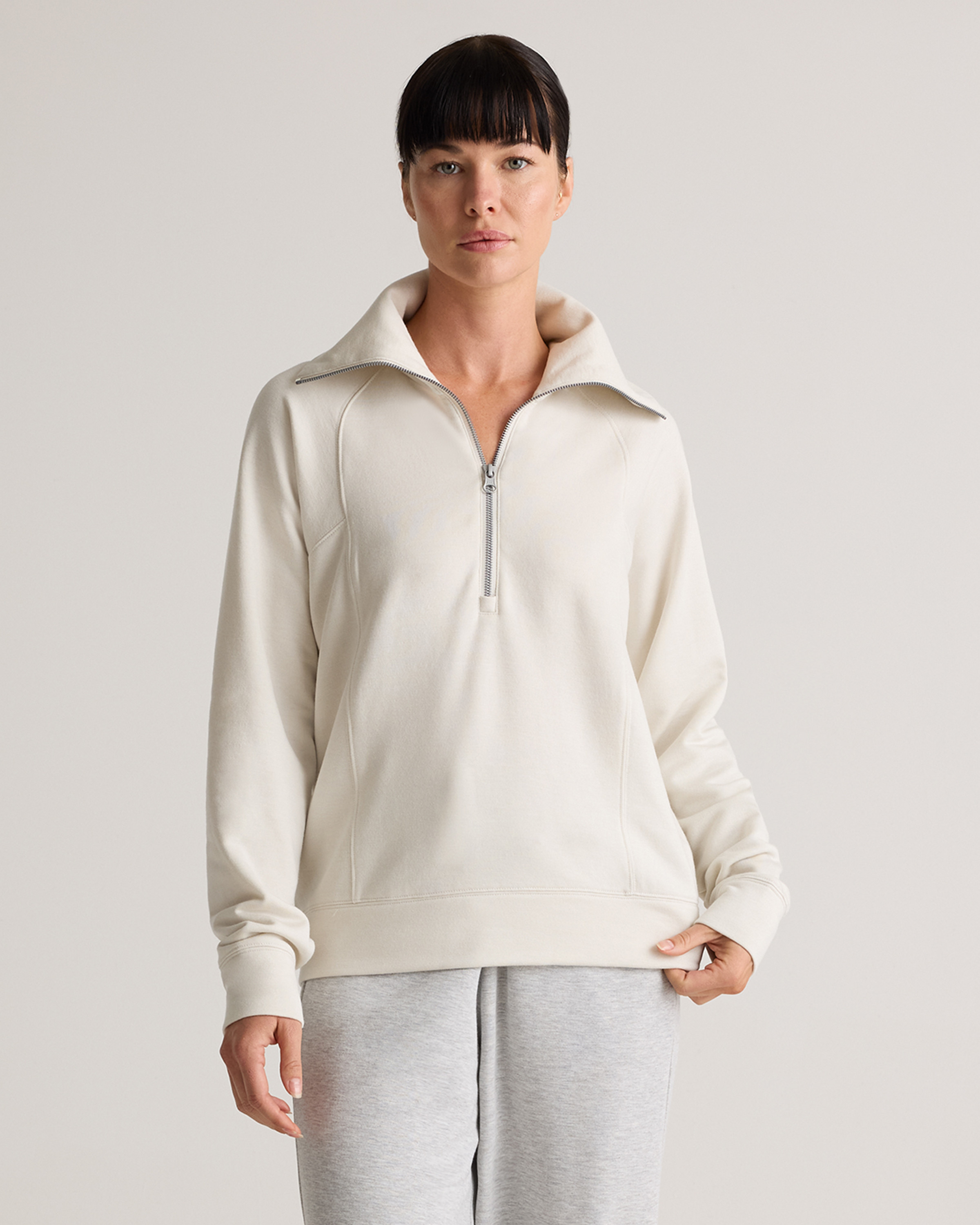 Quince | Women's SuperSoft Fleece Half Zip in Off-White, Size Small, Lenzing Modal | Quince