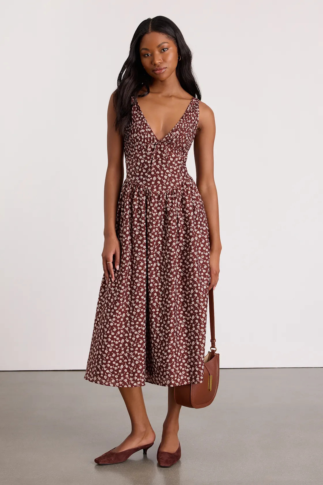 Janella Brown Floral Basque Waist Midi Dress | Lulus