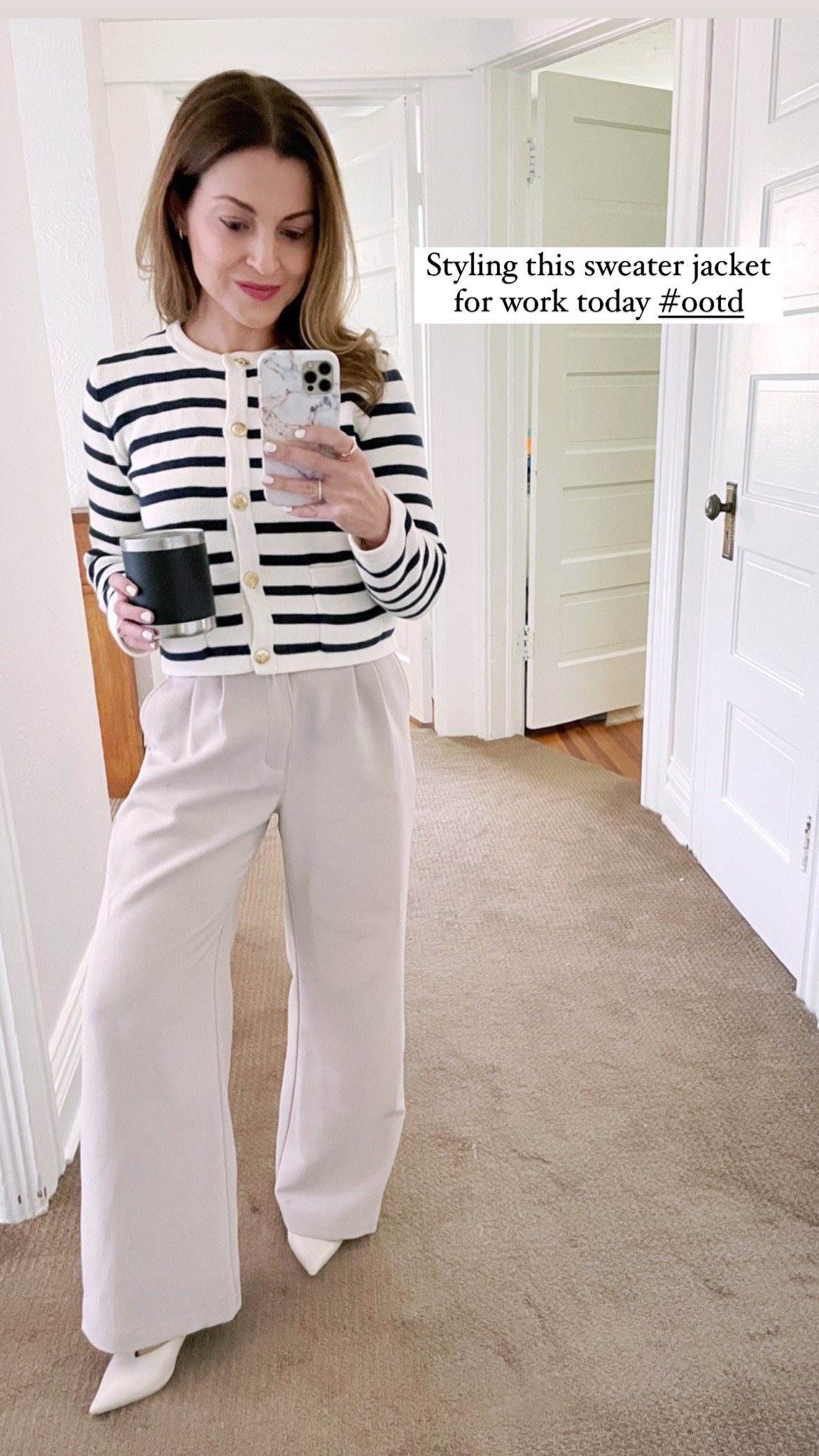 Sweater jacket: XXS regular; pants: 24P. I would probably size up in both if I were rebuying for a more relaxed fit. Wearing Zara mules and linking some similar ones. Jewelry is vintage and Ring Concierge 

#LTKworkwear