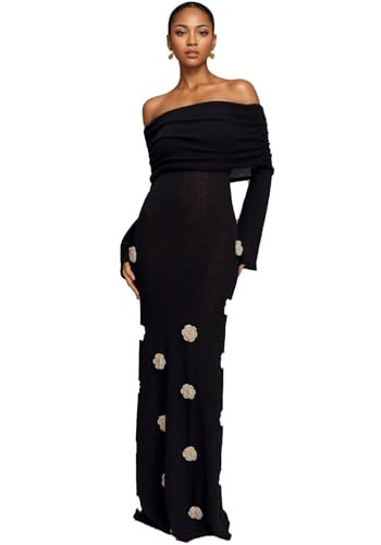 LETSVDO Women's Off The Shoulder Crochet Maxi Dress Long Sleeve Bodycon 3D Floral Knit Mesh Sexy Party Dresses Black | Amazon (US)