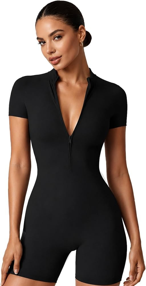 Women Bodysuit Zip Tummy Control Yoga Workout Work Out Gym Set for Athletic Rompers Romper Leotar... | Amazon (US)