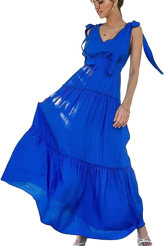 MIAMINE Women's Deep V Neck Self Tie Straps Sexy Backless Sleeveless Tiered Maxi Party Dress | Amazon (US)
