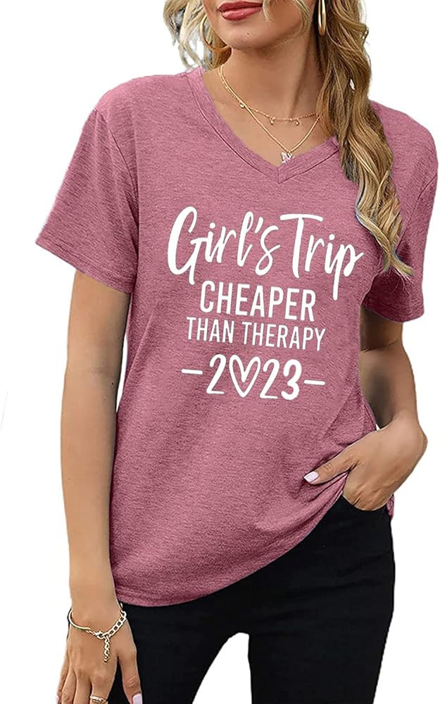 QIANRUO Girls Trip Cheaper Than Therapy Tshirt Women Funny Letter Print Short Sleeve V Neck T Shirt  | Amazon (US)