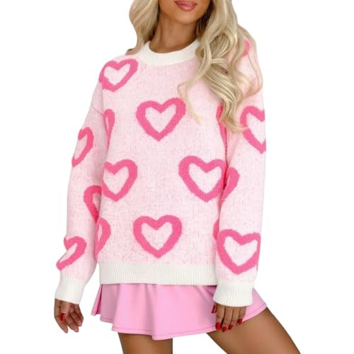 Women Valentines Day Sweater Long Sleeve Embroidery Heart Sweater Oversized Knitted Pullover Jumper Tops (Heart Pink, M) | Amazon (US)