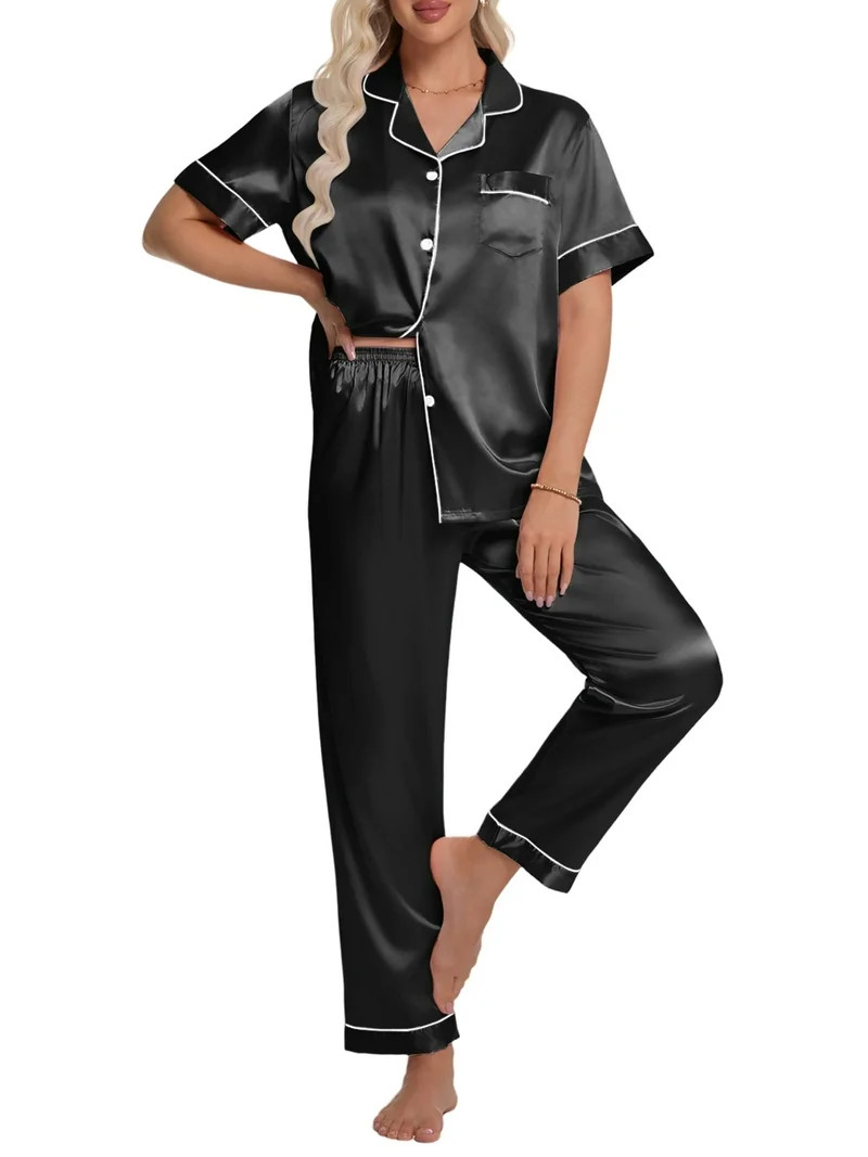 DAKIMOE Silk Satin Pajamas Set for Women Two-Piece Short Sleeve Shirt with Long Pajama Pant Set S... | Walmart (US)