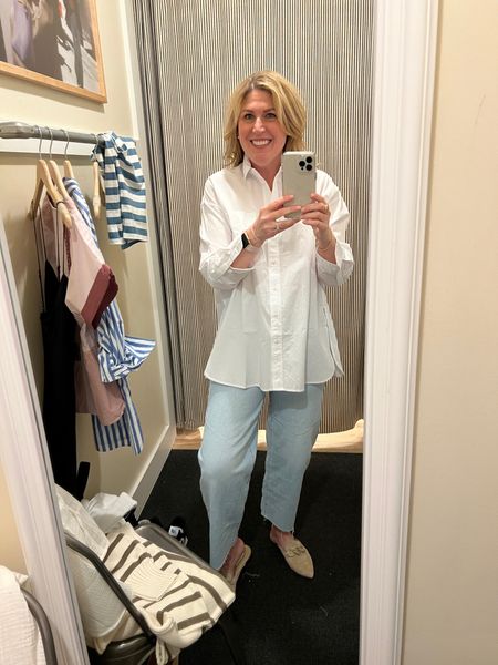 Oversized boyfriend button up shirt. Covers the bum. Large vent on sides. Great with skinny jeans or leggings. Paired here with wide leg denim. Runs tts. 

#LTKFind #LTKstyletip #LTKSale