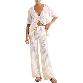 Imily Bela Women's Summer 2 Piece Swimsuit Cover up Crochet Knit Cardigan Tops Long Pants Set Bat... | Amazon (US)