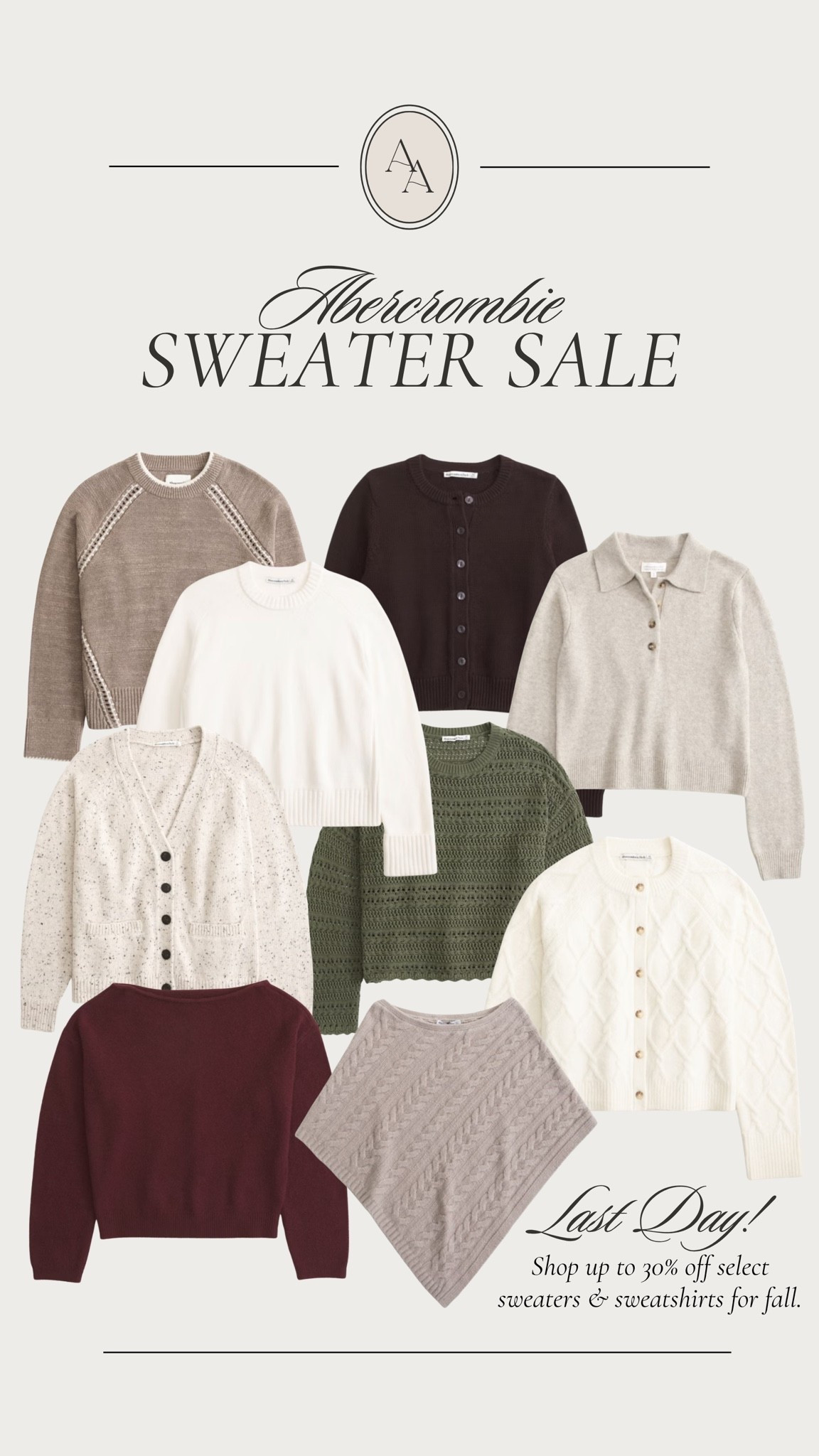 Last day to shop up to 30% off select sweaters & sweatshirts at Abercrombie! Lots of different styles & colors available to mix and match all season. Also linking sweatshirts on sale— includes their cozy hoodies/pullovers & NFL gear!