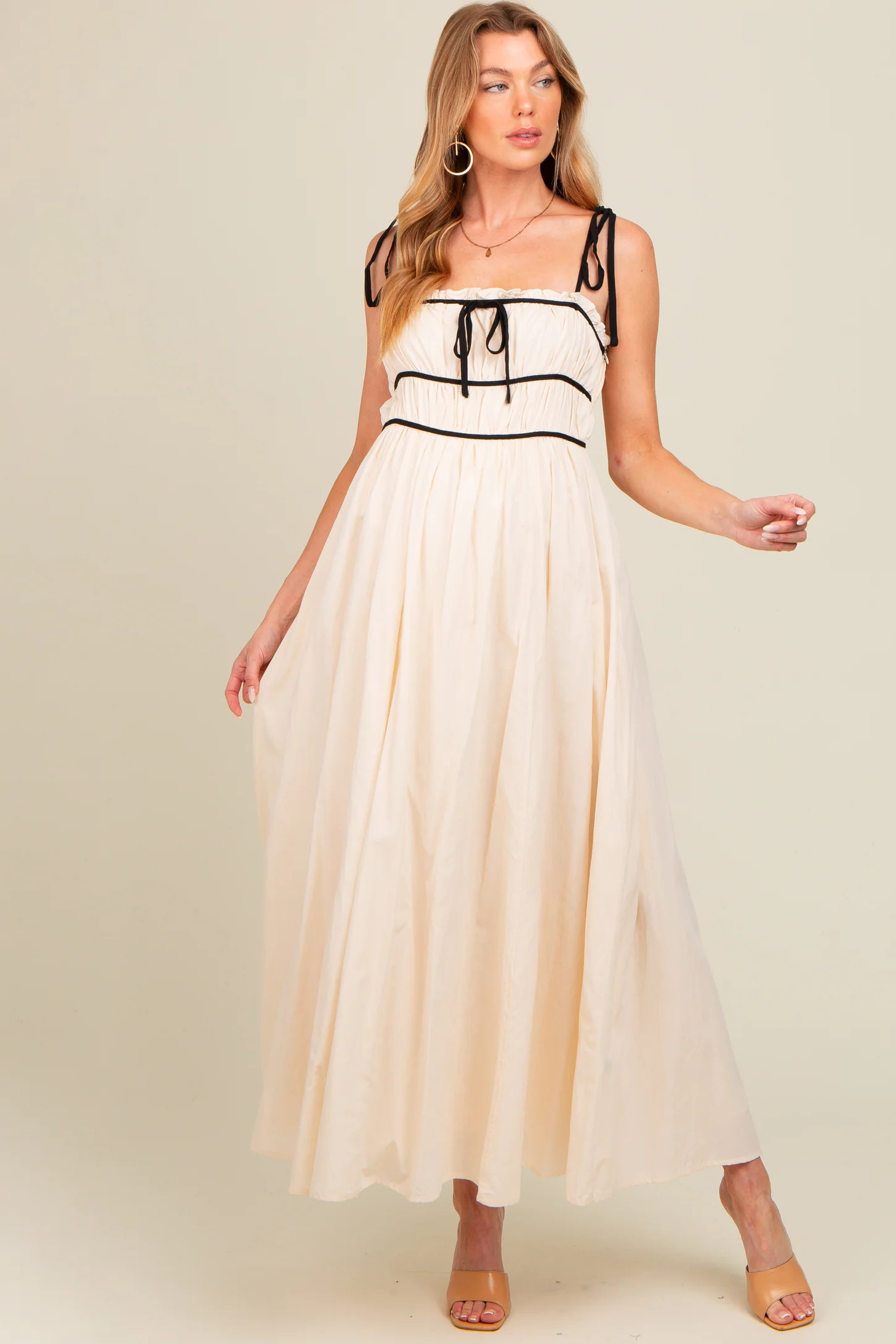 Cream Contrast Ribbon Trim Maternity Maxi Dress | PinkBlush Maternity
