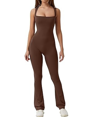 QINSEN Flare Jumpsuits for Women Strappy Square Neck Bodycon Full Length Long Pants Casual Playsu... | Amazon (US)