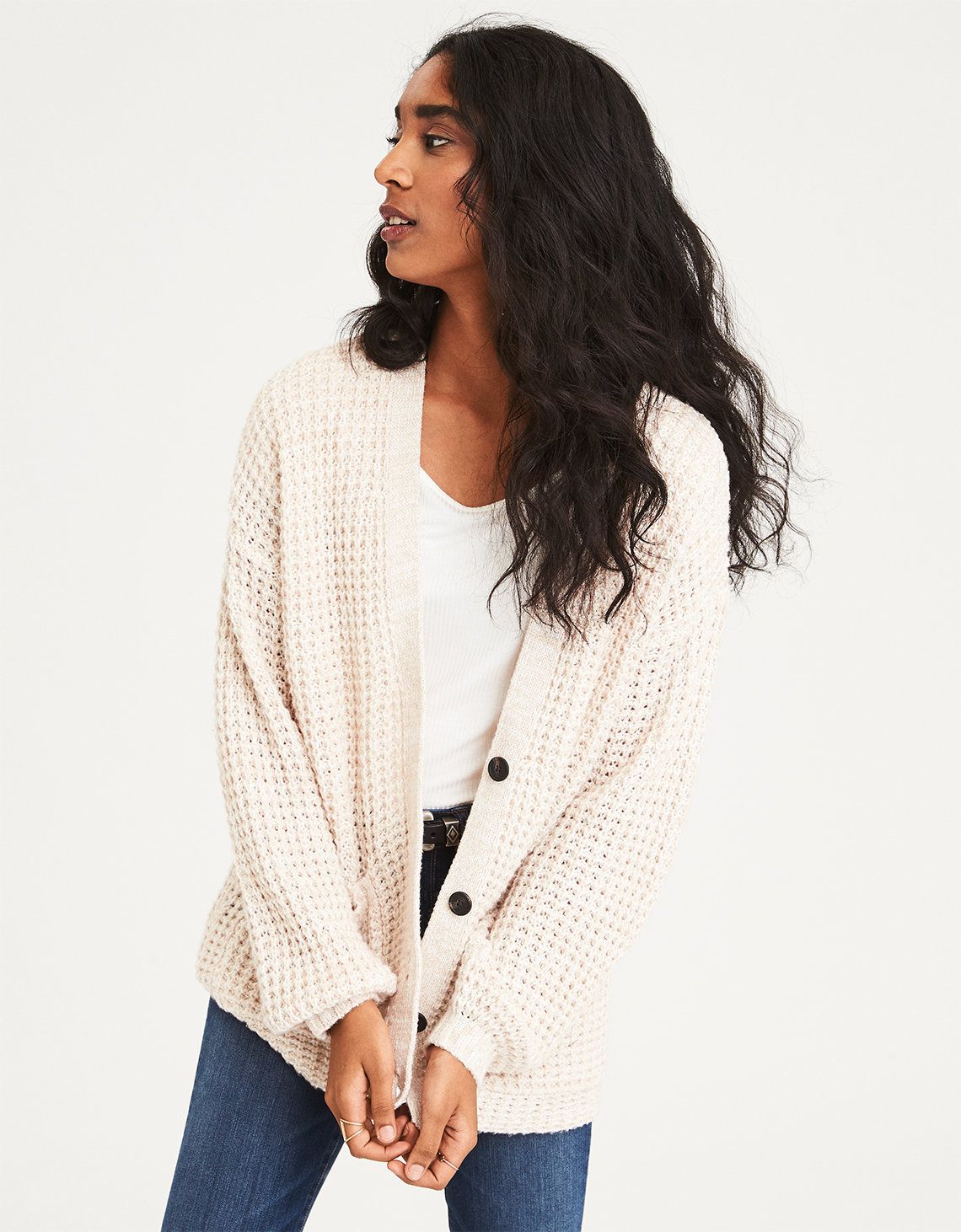 AE Slouchy Waffle Cardigan Sweater, Oatmeal | American Eagle Outfitters (US & CA)