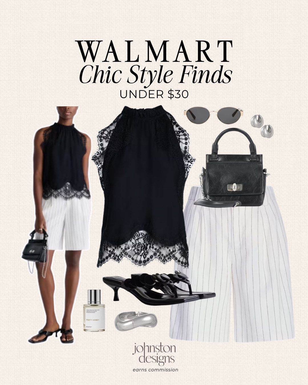 Walmart chic style finds 🖤 Polished black and white look for dinner, brunch, vacation, date night or a casual summer event. Love the lace trim top with striped shorts, black heels, mini bag and silver accessories.

Walmart outfit, walmart fashion finds, chic style finds, walmart summer outfit, black and white outfit, lace top, striped shorts, dressy shorts outfit, summer date night outfit, brunch outfit, vacation outfit, black sandals, mini handbag, affordable fashion finds, walmart style 

 #LTKootd