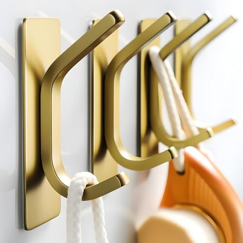 Taozun Adhesive Hooks - Brushed Gold Towel Hooks, Stainless Steel Stick on Wall Hooks Holder for Hanging Robe Sponges in Bathroom and Bedroom | Amazon (US)