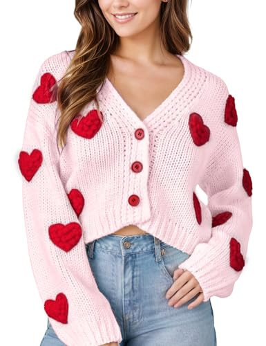 Women Valentines Day Cropped Cardigan Sweaters Love Heart Printed Open Front Button Down Knit Sweaters Tops(Pink-S) | Amazon (US)