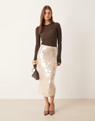 Mango sequin midi skirt in beige | ASOS | ASOS (Global)