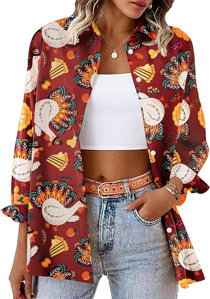Women's Button Down Shirts for Halloween and Thanksgiving Long Sleeve Holiday Graphic Fall Blouse | Amazon (US)