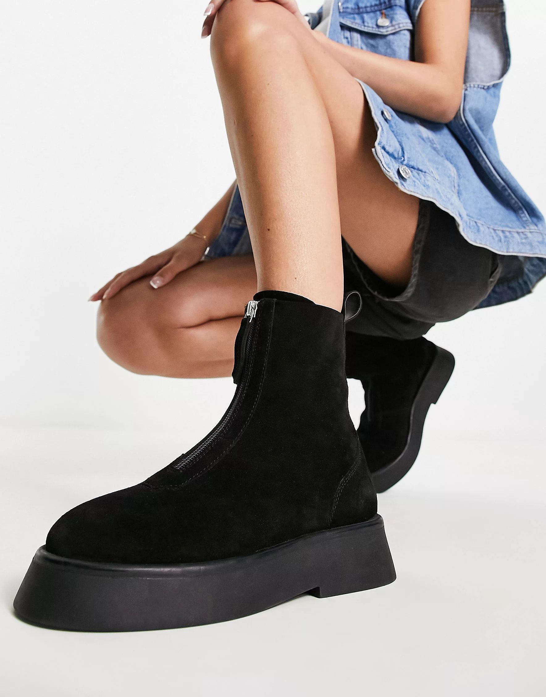 ASOS DESIGN Atlantis leather zip front boots in black suede | ASOS (Global)