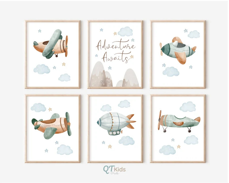 Airplane Nursery Prints, Boy Room Wall Art, Air Transport Prints Set of 6, Boy Nursery Airplane D... | Etsy (US)