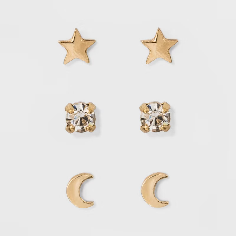 Moon and Star Stud Earring Set 3ct - A New Day™ Gold | Target