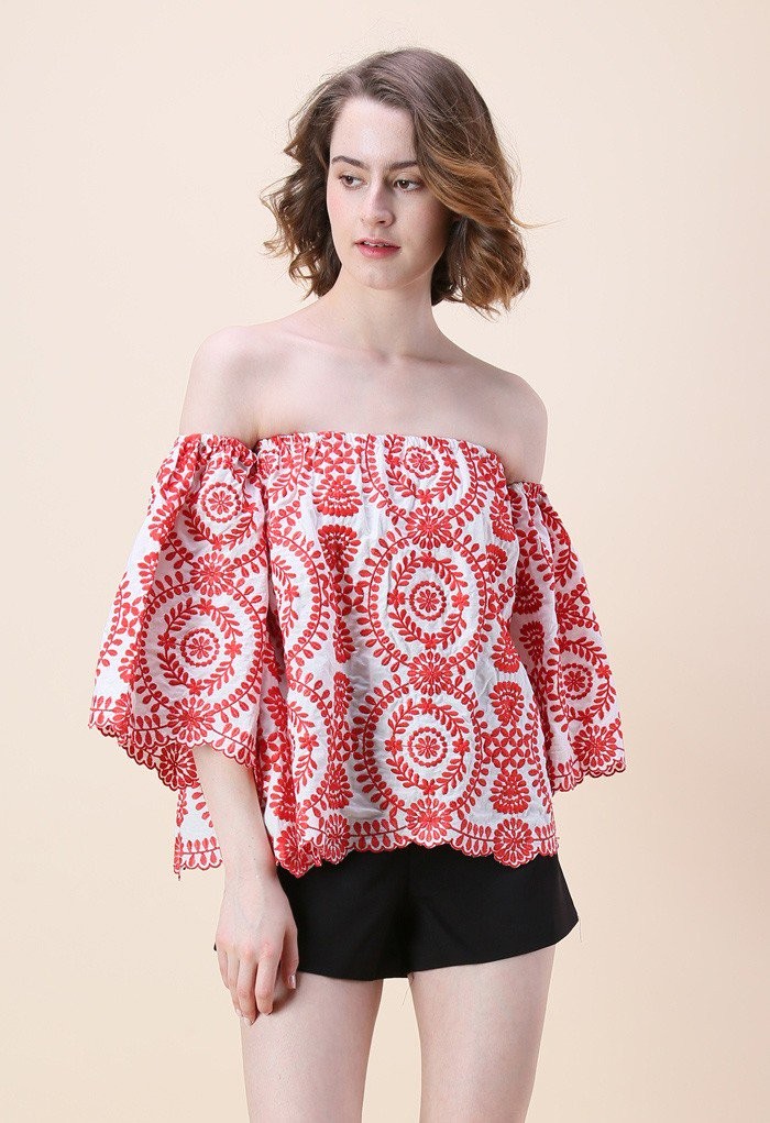 Passion in Vine Embroidered Off-shoulder Top in Red | Chicwish
