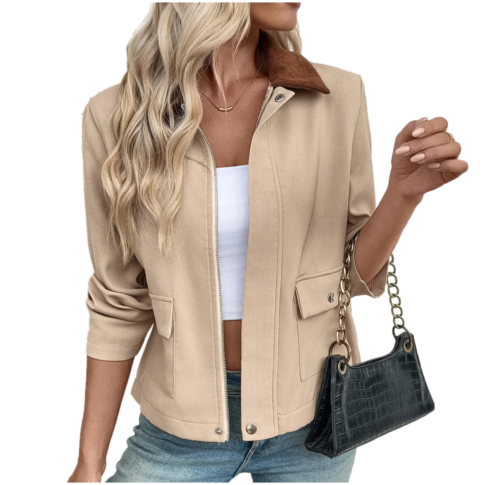 FNFHFY Womens Shacket Jackets Trendy Cropped Contrast Collar Barn Jacket Zip Up Lapel Coat Long Sleeve Fall Outerwear with Pockets | Walmart (US)