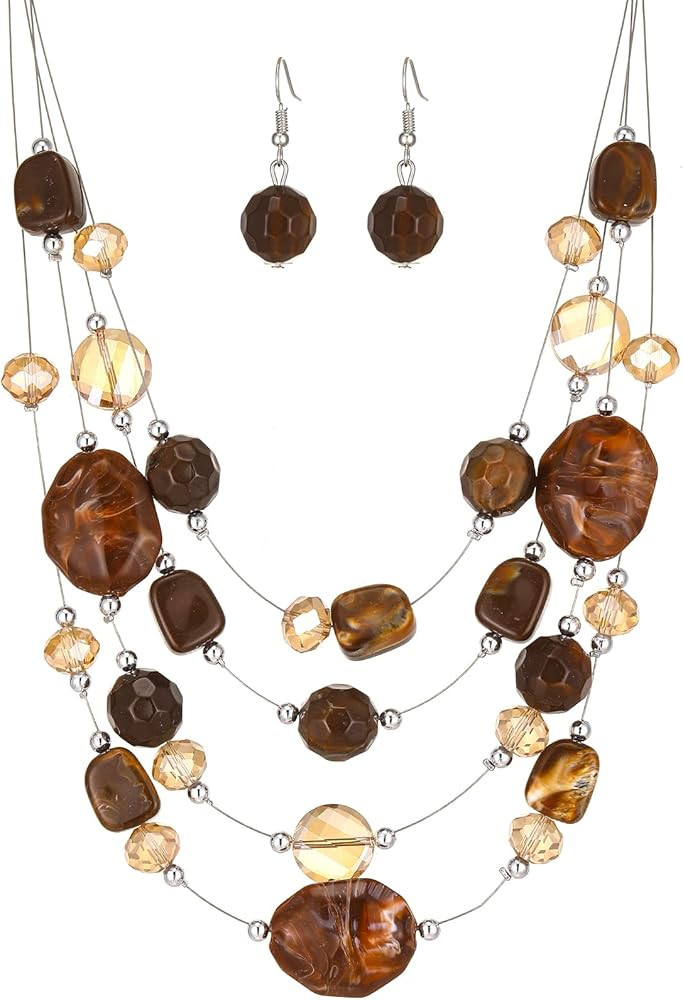 Layered Chunky Beaded Necklace for Women Colorful Multi-Layer Statement Necklace and Earrings Set... | Amazon (US)