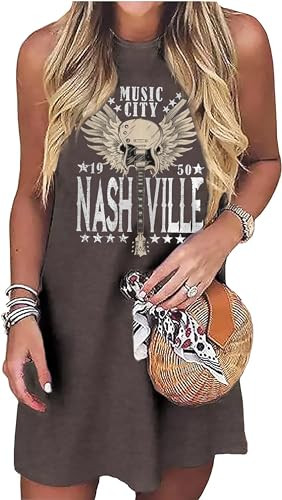 Amazon.com: Nashville Music City Mini Dress Women Country Music Rock Band Sleeveless Dress Vintag... | Amazon (US)
