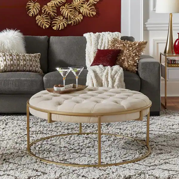 Perdita Gold Finish Velvet Round Tufted Ottoman by iNSPIRE Q Bold | Bed Bath & Beyond