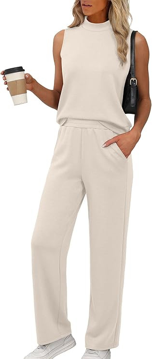 Two Piece Sets for Women Summer Outfits Travel Mock Neck Lounge Sets Wide Leg Pants Beach Vacatio... | Amazon (US)