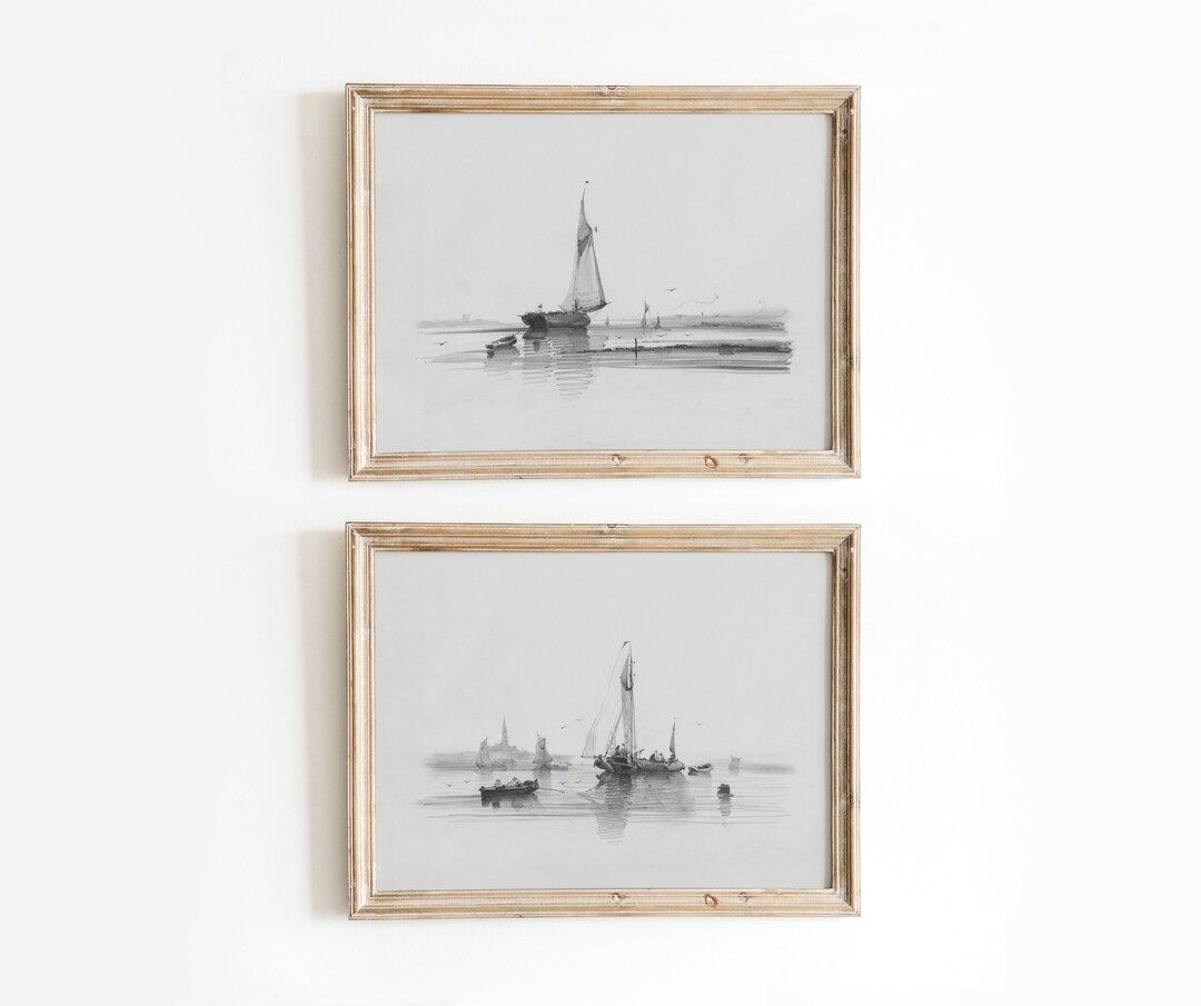 Moored Sailboats Set | Vintage Nautical Sketch Drawing | Black and White Coastal | Digital Downlo... | Etsy (US)