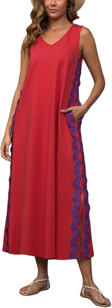 utcoco Women's Summer Beach Boho Flowy Maxi Dress Casual Sleeveless V Neck Side Slit RIC Rac Tank... | Amazon (US)