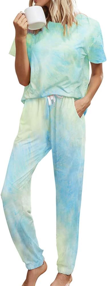 Womens Tie Dye Printed Casual Short Sleeve Tops and Long Pants Joggers  Sleepwear Nightwear Soft... | Amazon (US)