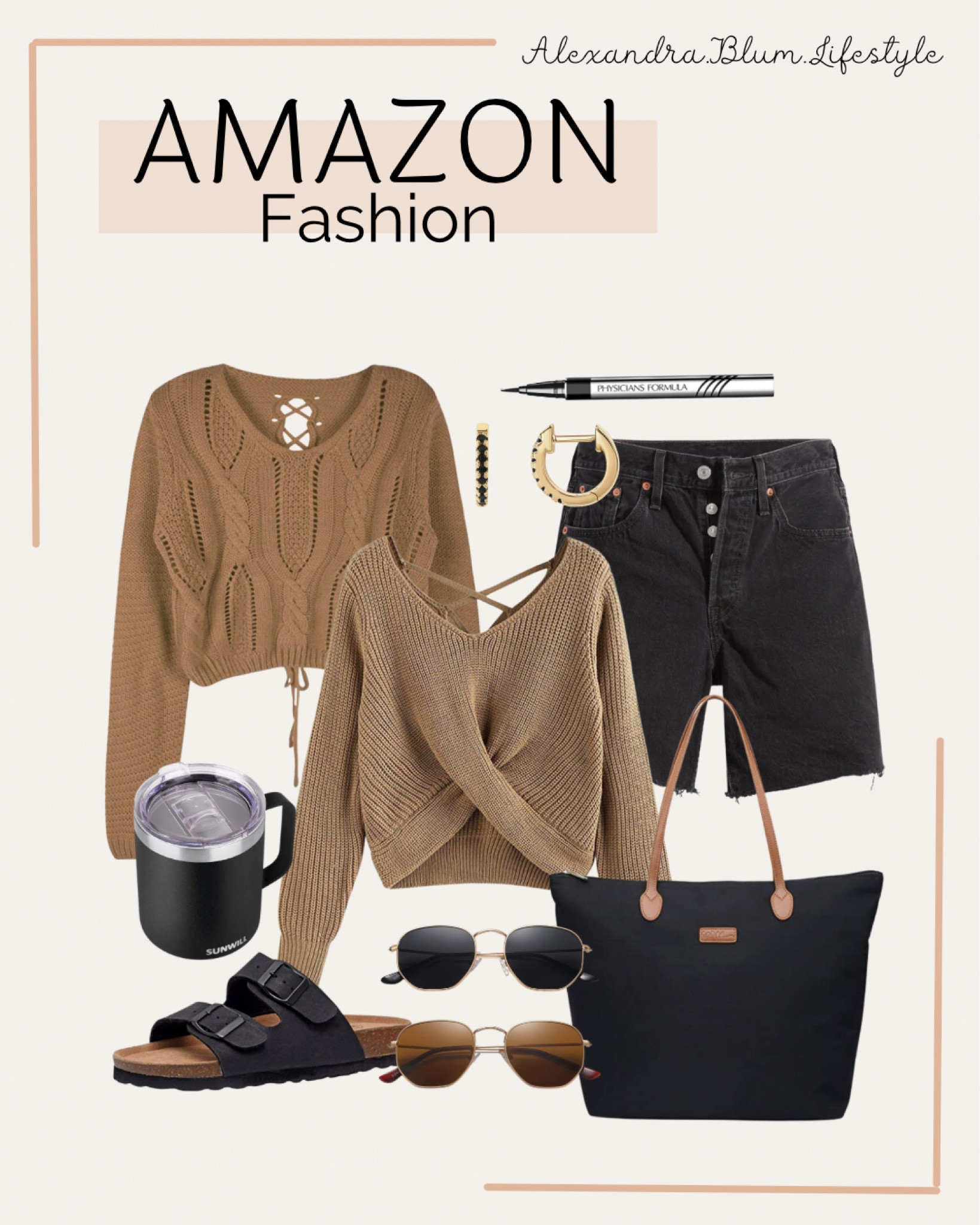 Outfit ideas from Amazon fashion! Brown beige sweaters, black shorts, black tote bag, black sandals, sunglasses, tumbler coffee mugs, gold and black Huggies hoop earrings, black eye liner! Amazon finds

#LTKFind #LTKunder50 #LTKSeasonal