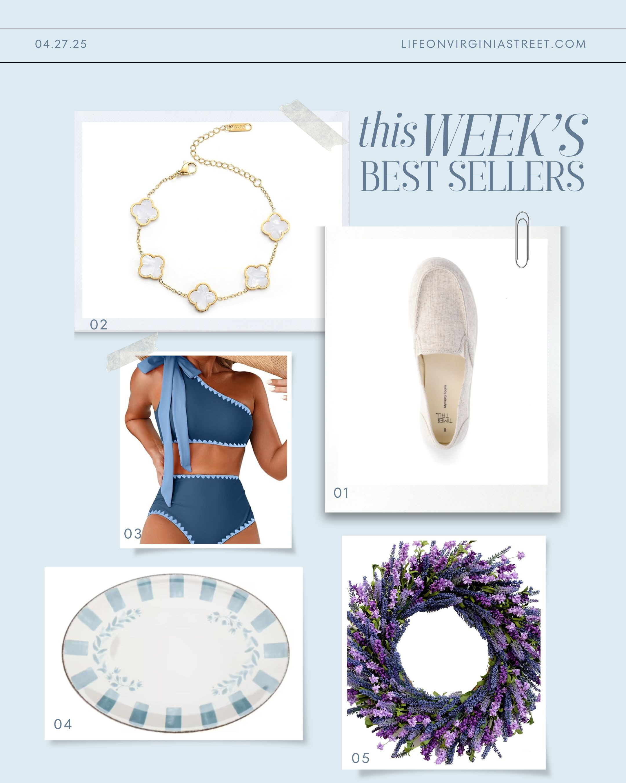 This week's bestsellers include the comfiest sneaker loafers I've loved for years (under $10!!), a clover bracelet, cute two piece swimsuit, melamine dishes, and our new lavender wreath we have hanging on our front door for spring! #ltkhome #ltkswim #ltkshoecrush #ltkfindsunder50 #ltkfindsunder100 #ltkstyletip #ltksalealert #ltkseasonal #ltkover40 #ltktravel 

 #LTKHome #LTKSaleAlert #LTKFindsUnder50