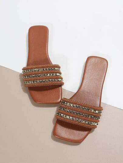 Fashionable Slide Sandals For Women, Braid Detail Studded Decor Single Band Outdoor Sandals | SHEIN