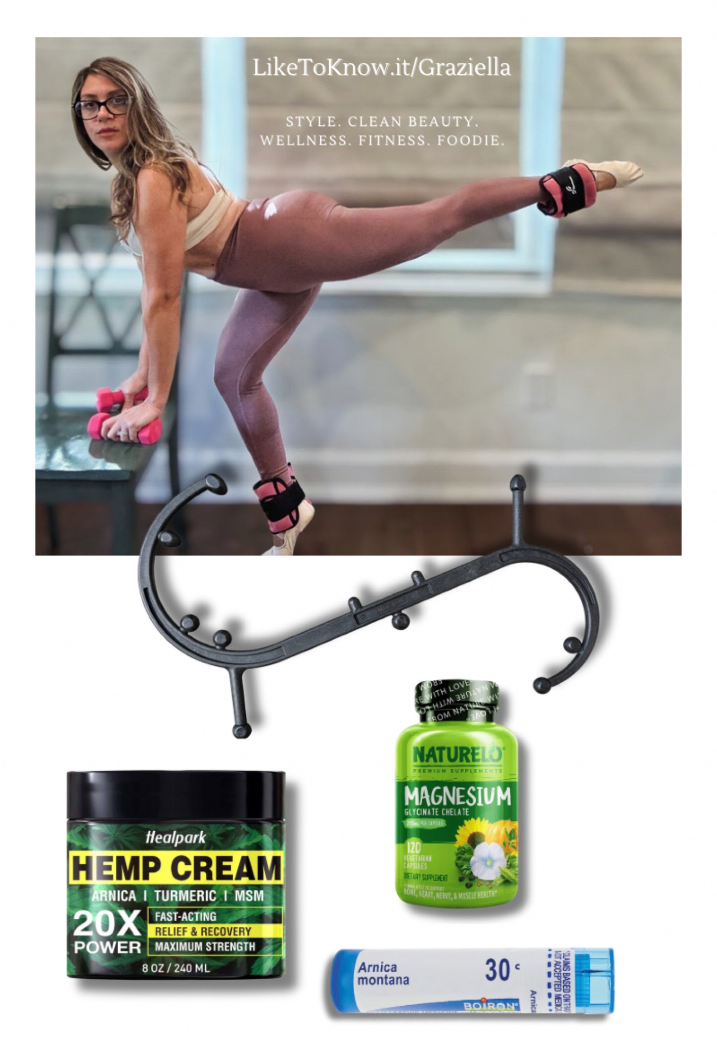 Keep it Moving! 💃🏼💪These are my go-to essentials for pain relief and mobility that keep me moving and pain-free! I highly recommend them all and have been using them for years.  First I’ll always take the magnesium GLYCINATE supplement (the most bio-available form) that relaxes the muscles. This is something I take daily. When plagued with soreness or injury, I’ll take the arnica pellets as directed, apply the all-natural hemp cream wherever needed, and massage muscles using the Body Back trigger point release tool 🙌✨I use it to dig into tight muscles with both rounded and pointed ends for precise trigger point release. This combo helps me to stay active and pain-free! #fitness #fitnesslifestyle #fitlife

#LTKActive #LTKGiftGuide #LTKFitness