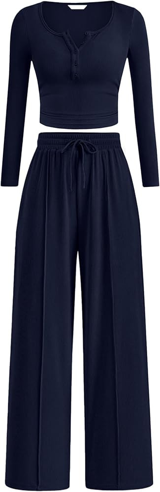 PRETTYGARDEN Women's 2026 Fall Trendy 2 Piece Outfits Lounge Sets Long Sleeve Top Henley Shirts W... | Amazon (US)