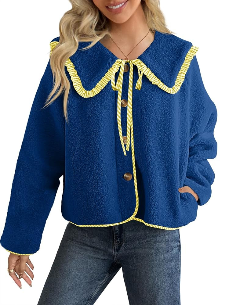 Tankaneo Womens Fuzzy Fleece Jacket Peter Pan Collar Button Down Fall Winter Sherpa Coats Colorbl... | Amazon (US)