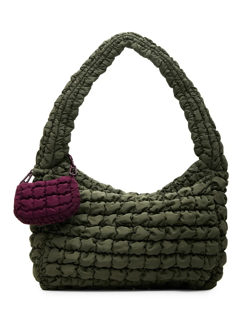 No Boundaries Women's Quilted Puffer Oversized Shoulder Hobo Bag, Olive | Walmart (US)