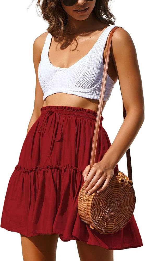 Relipop Women's Floral Flared Short Skirt Polka Dot Pleated Mini Skater Skirt with Drawstring | Amazon (US)